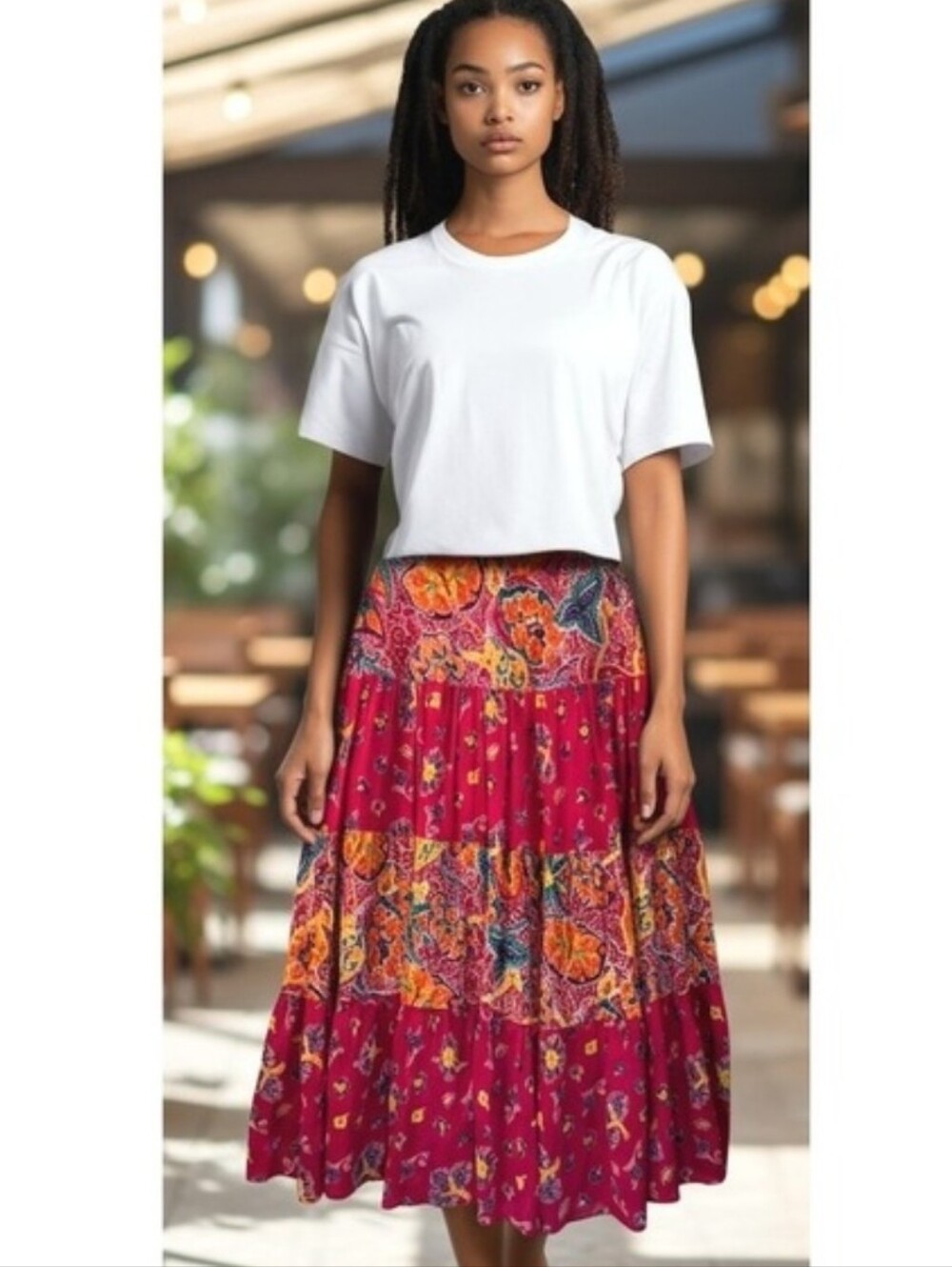 Chaps Vibrant Pink/Fuchsia Paisley Print Tiered Pull-on Midi Skirt Lined Size LG